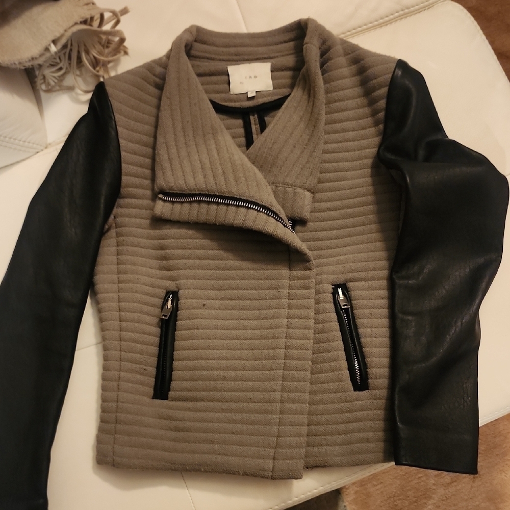 IRO Taupe Quilted Moto Jacket | Black Leather Sleeves | Parisian Edge